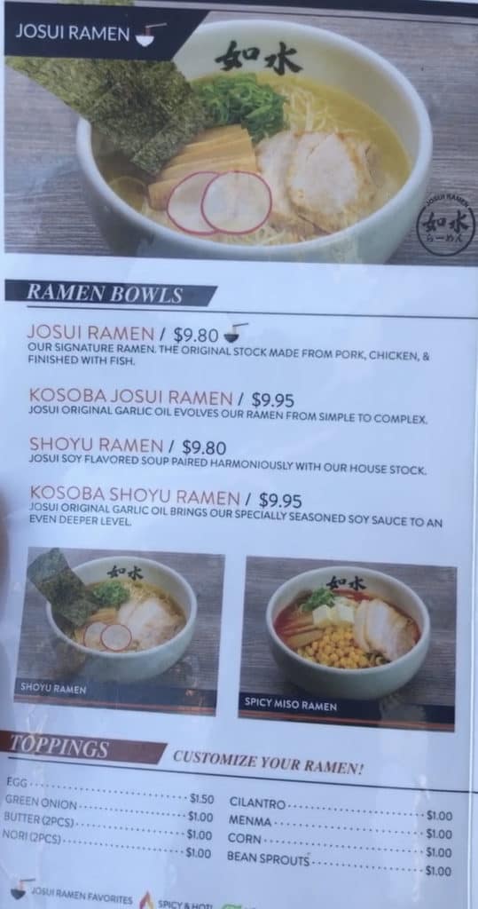 Josui Ramen Menu