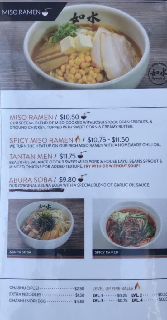 Josui Ramen Menu