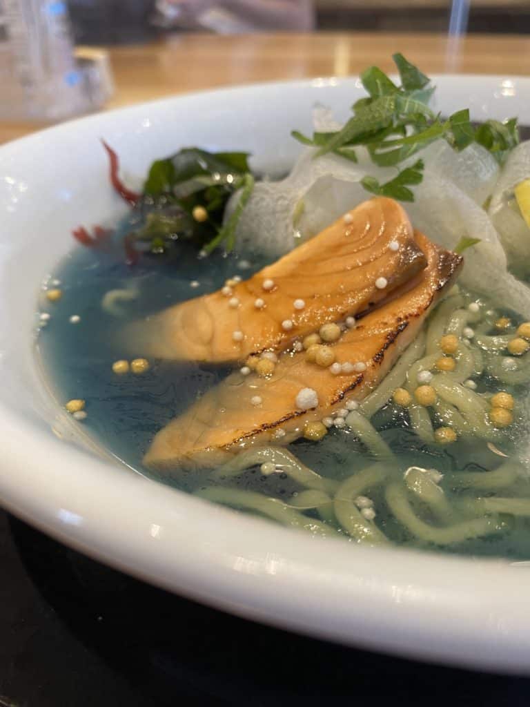 seared salmon in ocean ramen